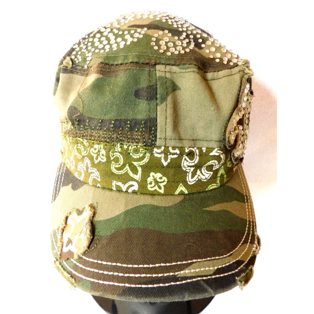 Nexgen Camo Fleur-de-lis Distressed Hat Faux Diamond Studs Adjustable Cotton Cap